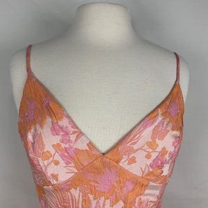 Lulu's Womens Dress Large Pink Orange Floral Lined Cocktail Mid Length V Neck